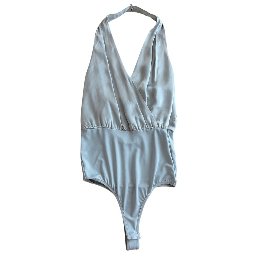 Bebe Light gray satin halter neck plunge wrap bodysuit XXS